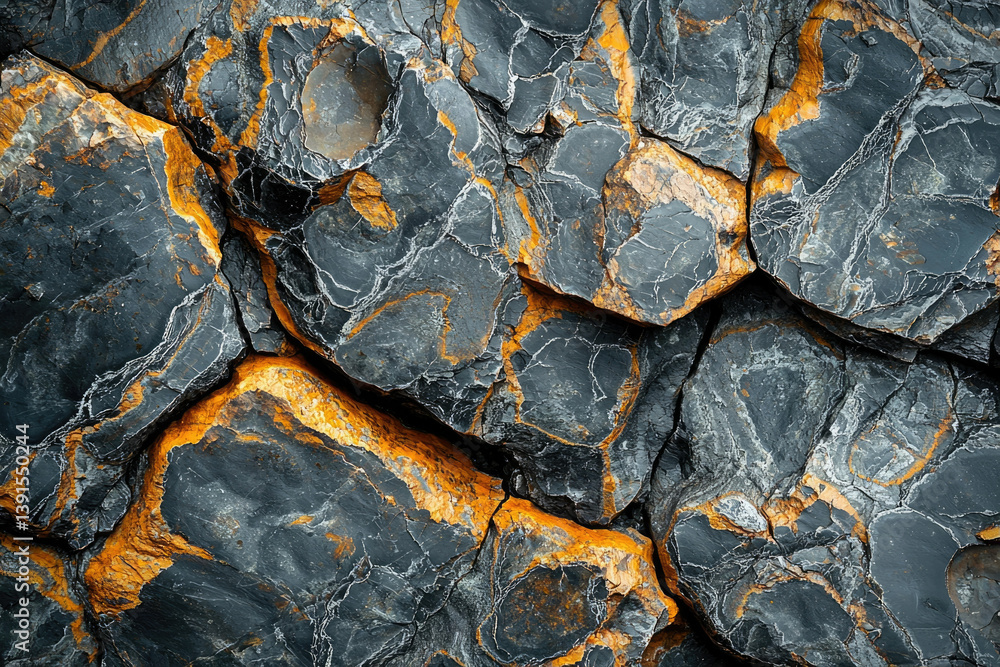 Poster Close-up of dark grey and orange rock formation, showing intricate textures and patterns.