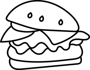 Coloring Page Outline of Cartoon Hamburger. Fast Food. Coloring Book for Kids.