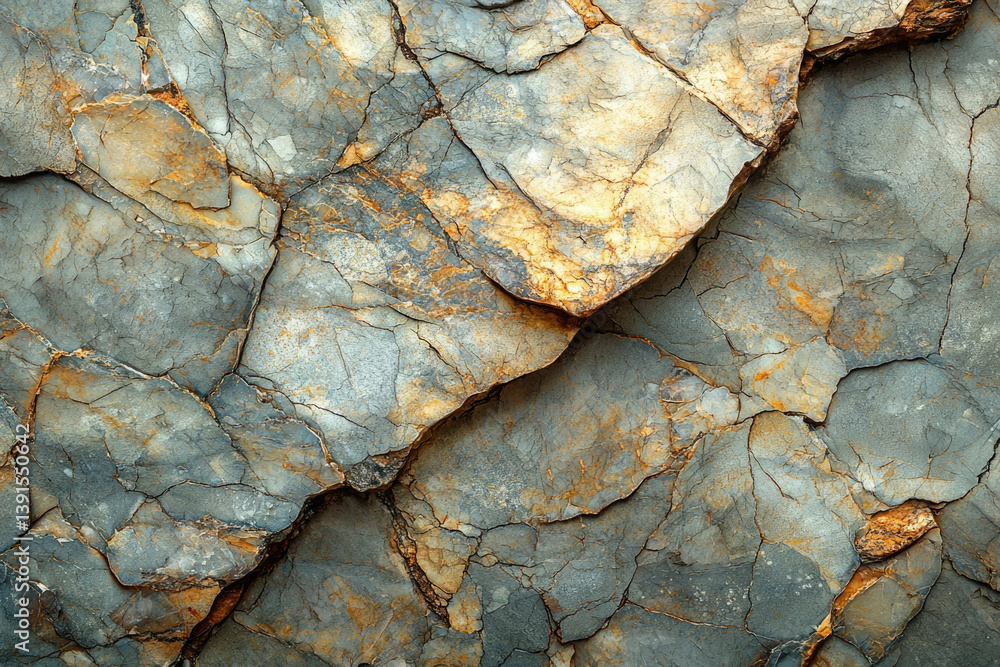 Poster close-up of a rugged rock surface, displaying a mix of gray and gold tones with deep cracks and fiss