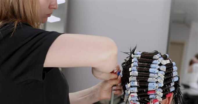Professional hairdresser working with client, closeup. Hairdresser winding perm rods. Hair curlers.
