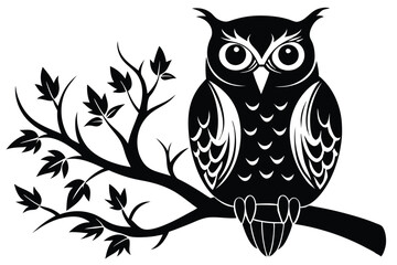 Stylized Black Owl Perched on Leafy Branch, Silhouette Bird Illustration, White Background