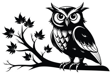 Silhouette Owl on Tree Branch with Leaves, Vintage Bird Black and White Design Style