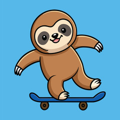 Cute Cartoon Sloth Riding Skateboard Illustration Against Light Blue Background