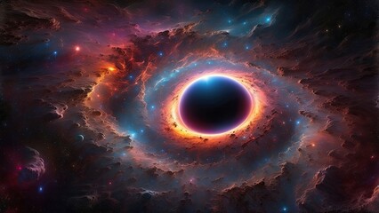 A dark black hole surrounded by a fiery, glowing accretion disk in space.