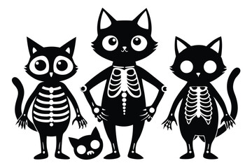Obraz premium Spooky Felines Silhouetted Black Cats Displaying Skeleton Bodies Isolated on White