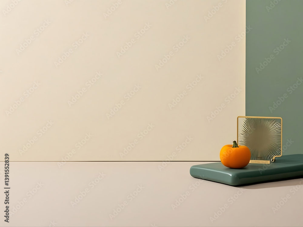 Poster soft muted pastel geometric shapes in minimalist composition with 3d abstract objects on soothing mo