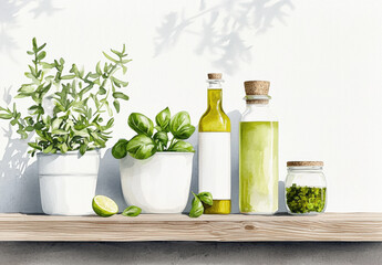 Fresh herbs and oils displayed on wooden shelf, creating vibrant and inviting kitchen atmosphere