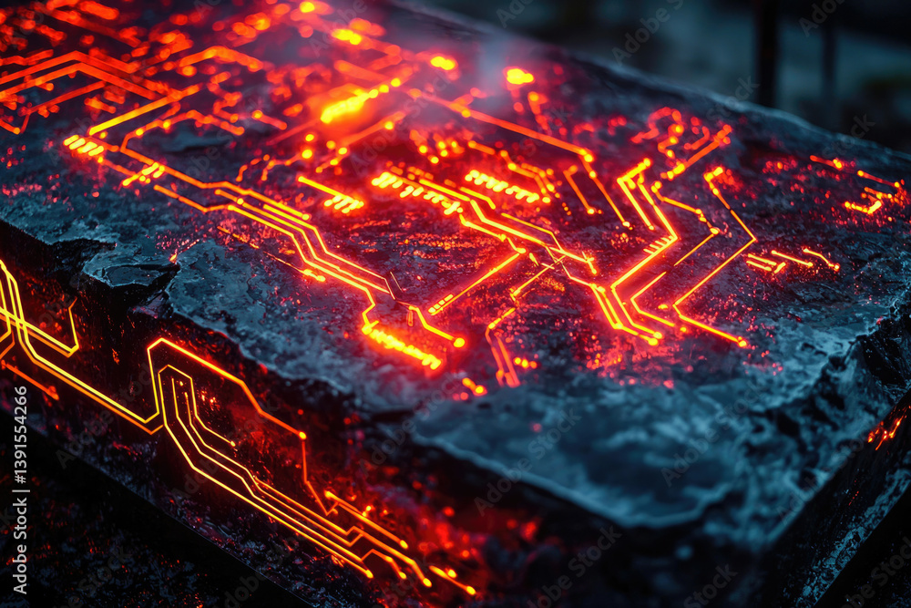 Poster glowing orange circuitry embedded in a dark, rough, stone-like surface, futuristic technology concep