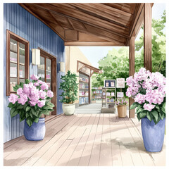 charming market scene featuring vibrant flowers pots, wooden architecture, and shelves filled with products, creating