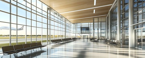 Airport waiting area with large windows and empty seats bright modern interior.