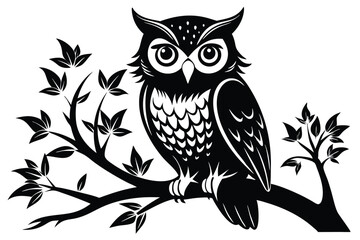 Owl Silhouette on Branch, Detailed Feather, Black and White Bird Illustration, Fauna