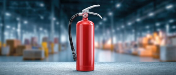 A bright red fire extinguisher is displayed prominently on a textured surface, with a blurred warehouse background, emphasizing safety and emergency preparedness.