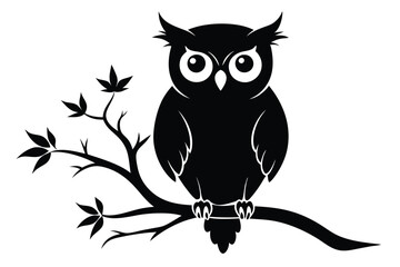 Black and White Owl Silhouette on Branch, Nature Bird Icon, Minimalist Outline Style