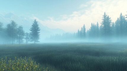Mist hovering above quiet meadow early morning