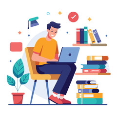 a boy is using his laptop vector