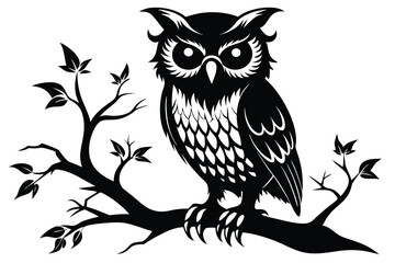 Stylish Monochrome Silhouette Owl Perched on Branch with Leaves, Elegant Bird Design