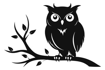 Black Silhouette Owl with Sharp Talons Perched on Leafy Branch Isolated