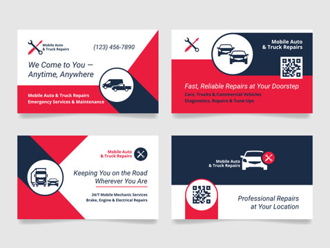 Mobile truck servicing service business cards provide convenient repairs anytime, anywhere.