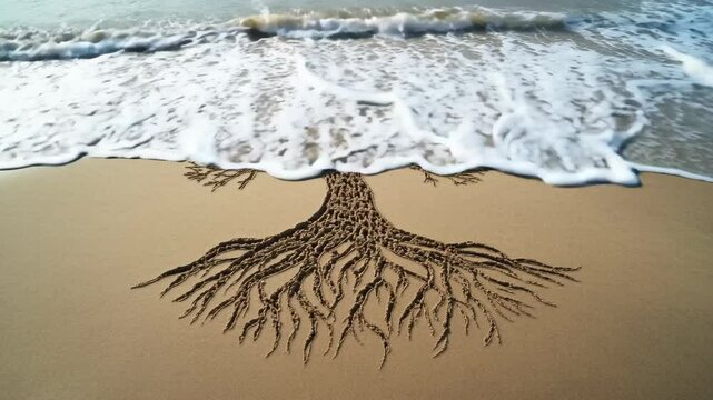 Tree of Life: Ocean Waves Gently Wash Over a Symbol Etched in the Sand
