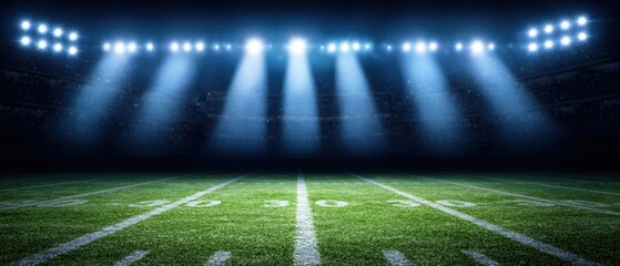 A vibrant football field illuminated by bright stadium lights, creating an intense atmosphere for sports events.