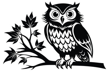Fototapeta premium Stylized Owl Silhouette on Branch with Leaves, Detailed Plumage in Black and White
