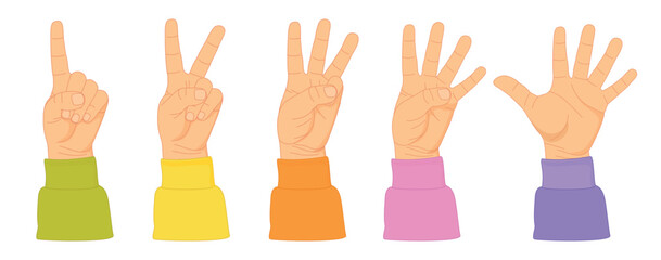 Obraz premium Counting with fingers. Hand gesturing, arm showing one, two, three, four and five numbers, digits. Countdown, score, elementary math learning.