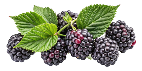 A Closeup of Fresh Blackberries with Lush Green Leaves on aTrensprent Background