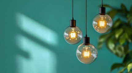 Three vintage style light bulbs hanging in front of green wall