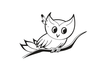 Minimalist Owl Outline Sitting on Branch, Black and White Bird Design, Simple