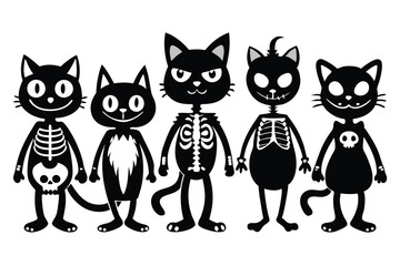 Fototapeta premium Cartoon Black Cats with Skeleton Outlines, Group of Halloween Style Felines