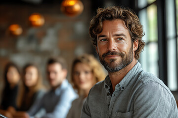 Fototapeta premium A confident man smiles during a meeting, showcasing teamwork and collaboration in a modern workplace setting.