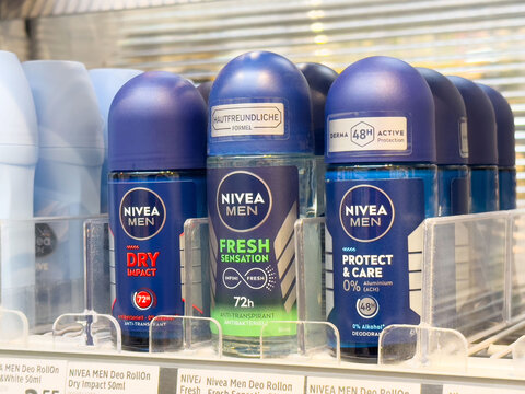 Nivea men deodorant display in store with various scents and formulations