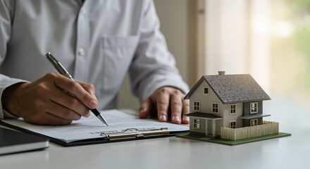 A person writes on a document next to a miniature house, symbolizing real estate transactions or home ownership activities. House for sale. 