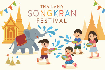 Fototapeta premium Songkran festival poster with kids and elephant