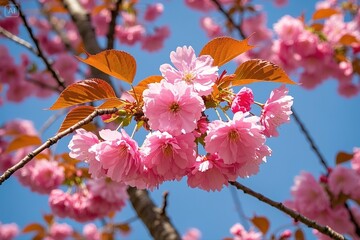 Fresh bright pink cherry blossom flowers on a tree branch in spring,  Sakura  springtime season, isolated on white background