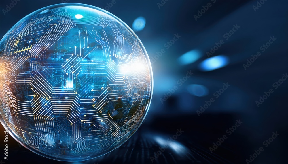 Poster transparent digital sphere containing intricate circuit pathways and abstract shapes illuminated fro