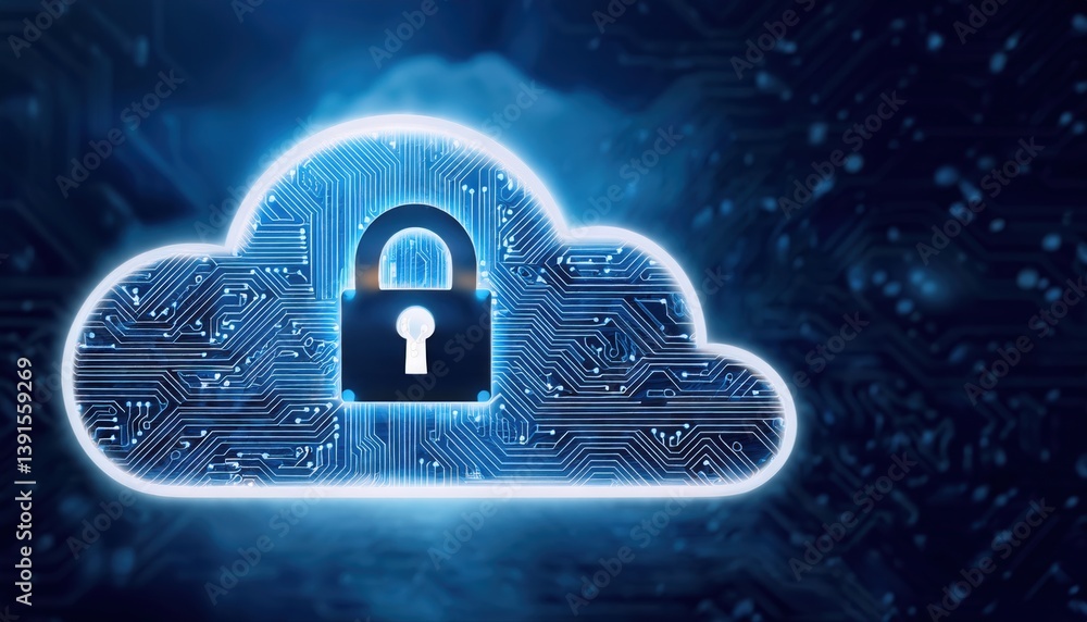 Poster cloud silhouette with embedded glowing circuit patterns and prominent lock icon for digital security