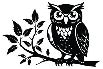 Minimalist Owl Silhouette on Branch, Black and White Art Style Design