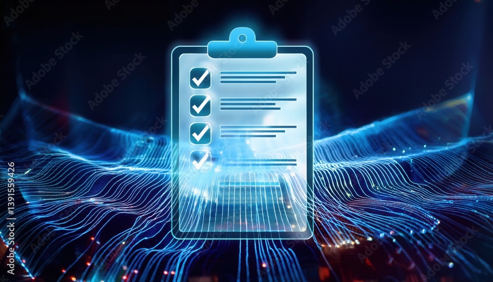 Poster hologram style privacy checklist document with confirmation icons layered above shimmering data flow