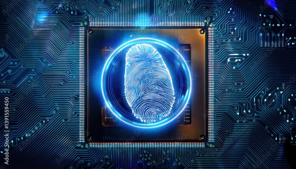 Poster glowing digital footprint icon displayed on a dark circuit board surrounded by encrypted binary trai