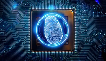 Naklejka premium Glowing digital footprint icon displayed on a dark circuit board surrounded by encrypted binary trails