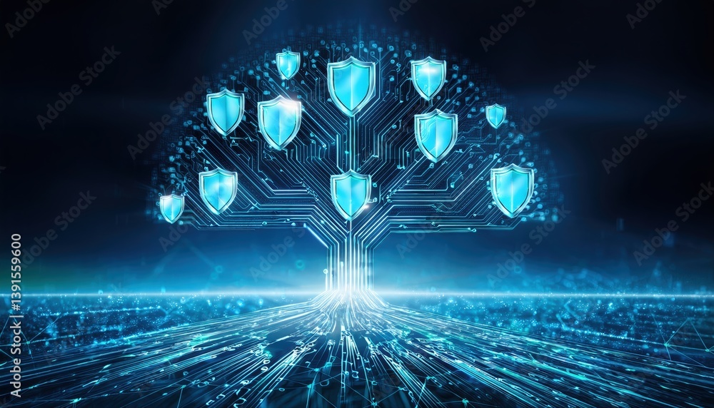 Poster circuit board with lush green tree at the center surrounded by glowing data streams and icons