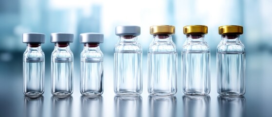 A series of clear glass vials with various colored caps, arranged in a row, reflecting light in a clinical or laboratory setting.