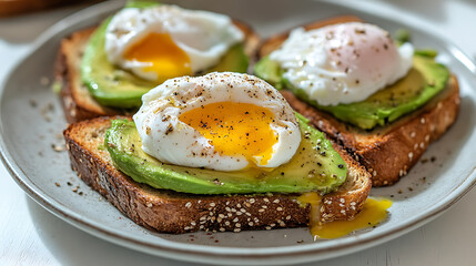 Three Slices of Avocado Toast Topped with Poached Eggs
