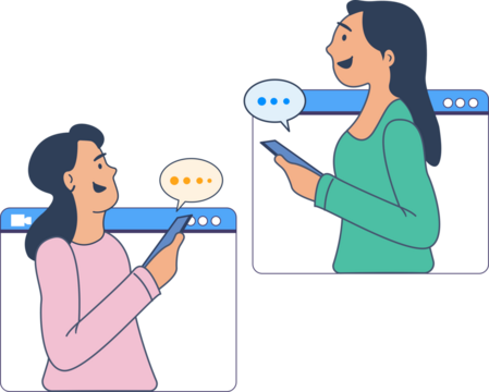 two friends talking and typing on Phone online chatting about ideas online discussion and communication