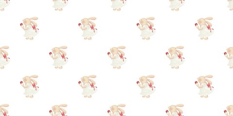 Seamless pattern with a cute bunny in a white dress holding an ice cream on a white background. Perfect for baby products, kids’ textiles, and nursery decor