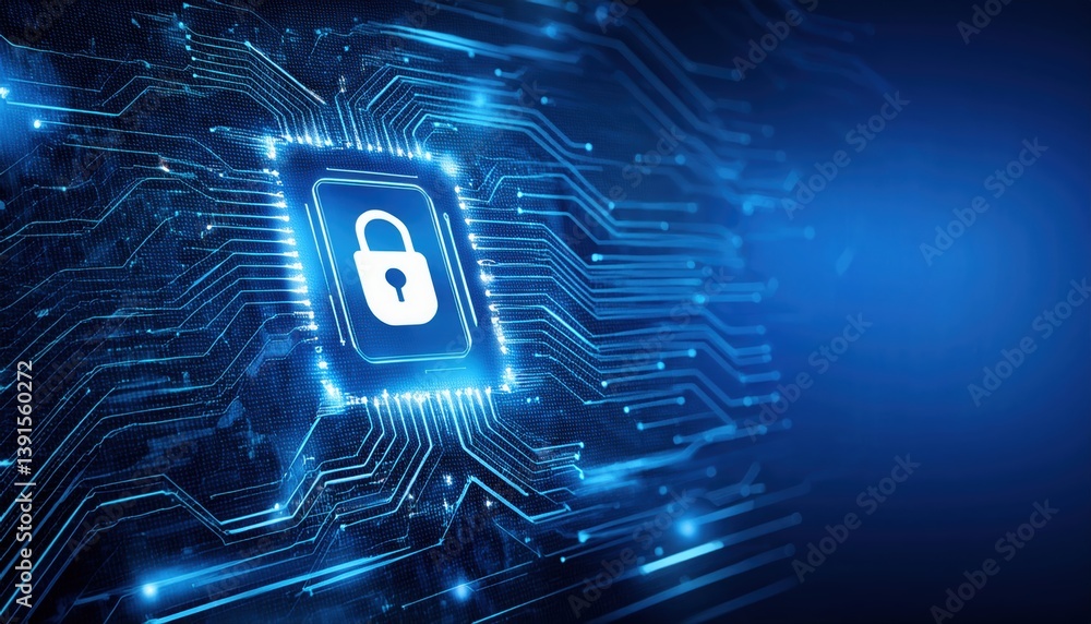 Poster lock on a circuit representing smart contract security with encrypted data streams in macro shot