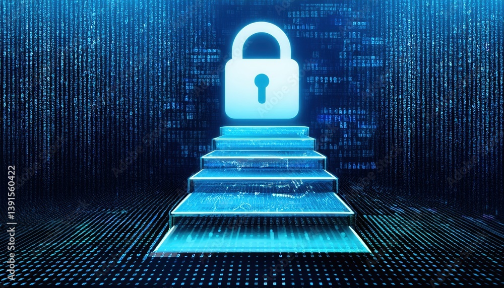 Poster pixelated data steps leading to a padlock icon against a dark matrix-like encrypted field