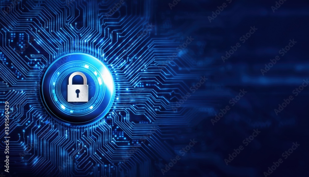 Poster lock on a circuit illustrating smart contract security with encrypted data streams in macro perspect