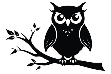 Silhouette Owl On Branch, Stylized Bird, Black And White Minimalist Artwork, Woodland Animal